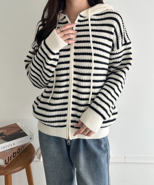 wears(ウェアーズ)の「ボーダー柄ジップニットパーカーー(カーディガン/ボレロ・レディース・グレー/アイボリー・FREE)」の19枚目の写真