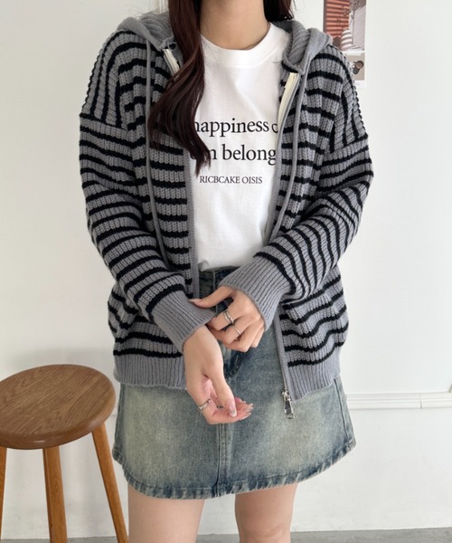 wears(ウェアーズ)の「ボーダー柄ジップニットパーカーー(カーディガン/ボレロ・レディース・グレー/アイボリー・FREE)」の7枚目の写真