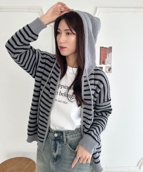 wears(ウェアーズ)の「ボーダー柄ジップニットパーカーー(カーディガン/ボレロ・レディース・グレー/アイボリー・FREE)」の14枚目の写真