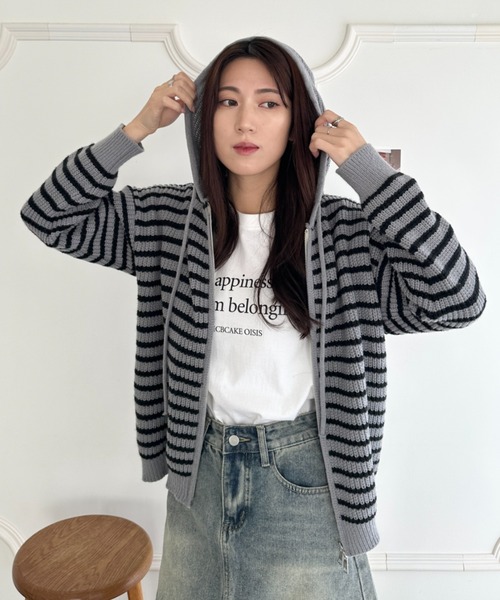 wears(ウェアーズ)の「ボーダー柄ジップニットパーカーー(カーディガン/ボレロ・レディース・グレー/アイボリー・FREE)」の15枚目の写真