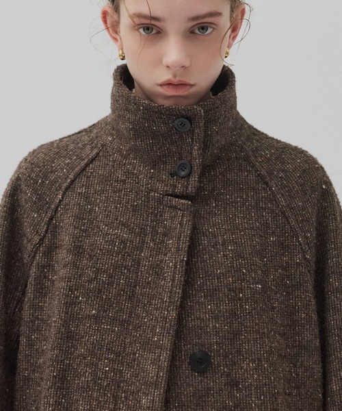 SUPER140スタンドカラーコート／ツイードスタンドコート（ステンカラー