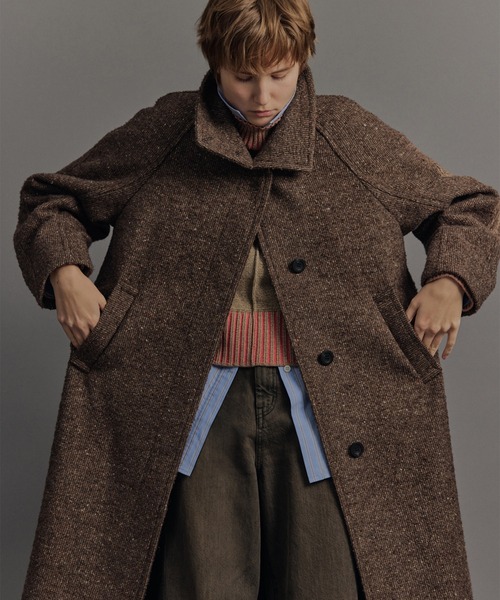 残りわずか】SUPER140スタンドカラーコート／ツイードスタンドコート