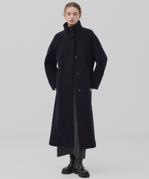 SUPER140スタンドカラーコート／ツイードスタンドコート（ステンカラー
