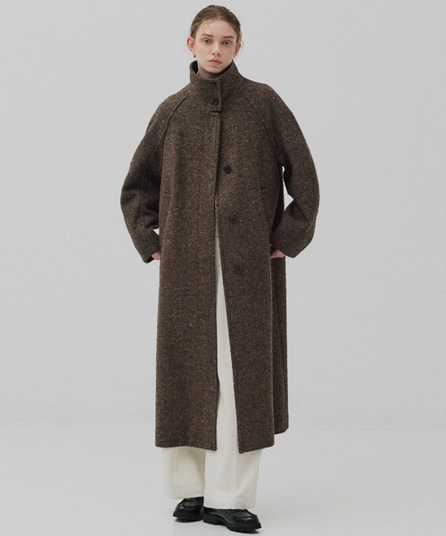 PUBLIC TOKYO（パブリックトウキョウ）の「【残りわずか】SUPER140スタンドカラーコート／ツイードスタンドコート（ステンカラーコート・レディース・ブラウン/ベージュ/ネイビー・1/2）」の17枚目の写真