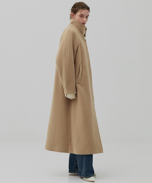 SUPER140スタンドカラーコート／ツイードスタンドコート（ステンカラー