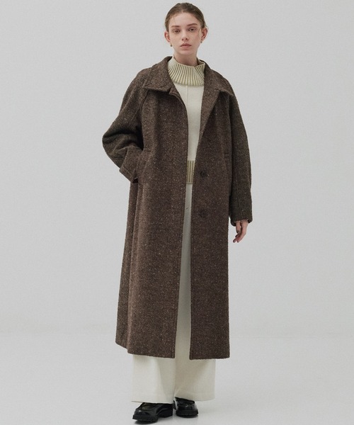 PUBLIC TOKYO（パブリックトウキョウ）の「【残りわずか】SUPER140スタンドカラーコート／ツイードスタンドコート（ステンカラーコート・レディース・ブラウン/ベージュ/ネイビー・1/2）」の7枚目の写真