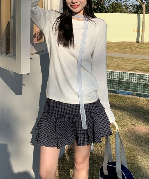 almo(アルモ)の「【TUNE】SK 切り替えフリルチェックスカート(スカート・レディース・ネイビー・FREE)」の3枚目の写真