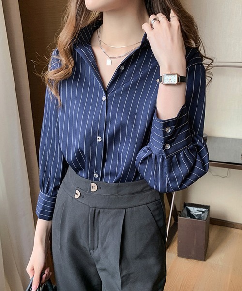 SallyLunn(サリーラン)の「ストライプスタンドカラーシャツ(シャツ/ブラウス・レディース・ネイビー/ホワイト・MEDIUM/LARGE)」の12枚目の写真