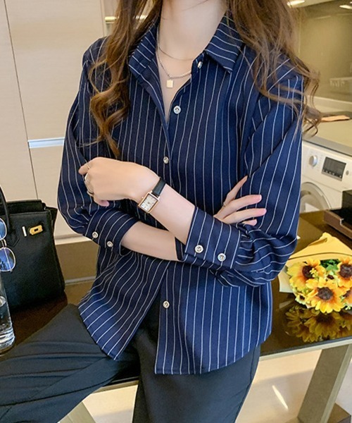 SallyLunn(サリーラン)の「ストライプスタンドカラーシャツ(シャツ/ブラウス・レディース・ネイビー/ホワイト・MEDIUM/LARGE)」の14枚目の写真