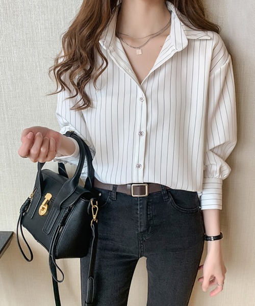 SallyLunn(サリーラン)の「ストライプスタンドカラーシャツ(シャツ/ブラウス・レディース・ネイビー/ホワイト・MEDIUM/LARGE)」の5枚目の写真