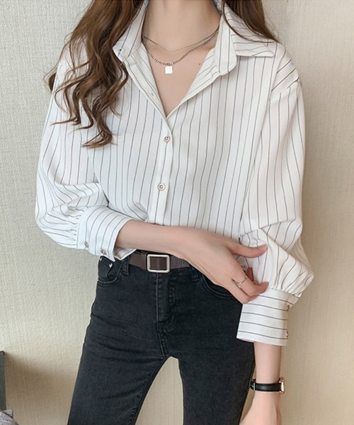 SallyLunn(サリーラン)の「ストライプスタンドカラーシャツ(シャツ/ブラウス・レディース・ネイビー/ホワイト・MEDIUM/LARGE)」の6枚目の写真