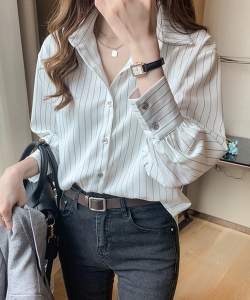 SallyLunn(サリーラン)の「ストライプスタンドカラーシャツ(シャツ/ブラウス・レディース・ネイビー/ホワイト・MEDIUM/LARGE)」の7枚目の写真