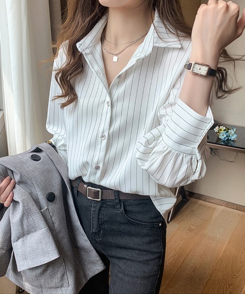 SallyLunn(サリーラン)の「ストライプスタンドカラーシャツ(シャツ/ブラウス・レディース・ネイビー/ホワイト・MEDIUM/LARGE)」の8枚目の写真