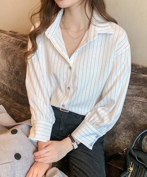 SallyLunn(サリーラン)の「ストライプスタンドカラーシャツ(シャツ/ブラウス・レディース・ネイビー/ホワイト・MEDIUM/LARGE)」の10枚目の写真