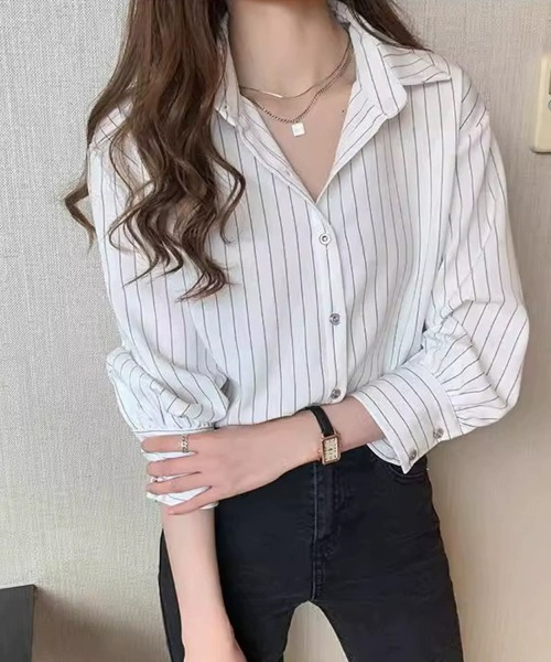 SallyLunn(サリーラン)の「ストライプスタンドカラーシャツ(シャツ/ブラウス・レディース・ネイビー/ホワイト・MEDIUM/LARGE)」の9枚目の写真