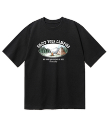 キャンピング水彩画ドローイングオーバーサイズ半袖Tシャツ[ブラック]