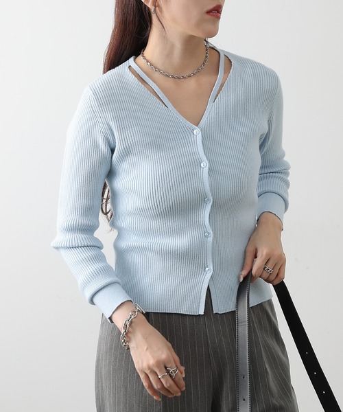 COLONY 2139（コロニートゥーワンスリーナイン）の「スリットVネックニットカーディガン（カーディガン/ボレロ・レディース・サックスブルー/ブラック/ピンク/グレー・FREE）」の21枚目の写真