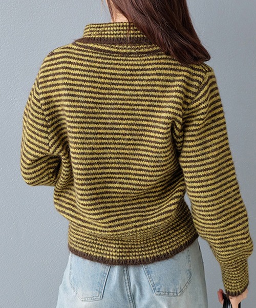 STYLEBLOCK(スタイルブロック)の「襟付きボーダー柄ボリューム袖ニットトップス(ニット/セーター・レディース・パープル/グリーン/イエロー・FREE)」の7枚目の写真