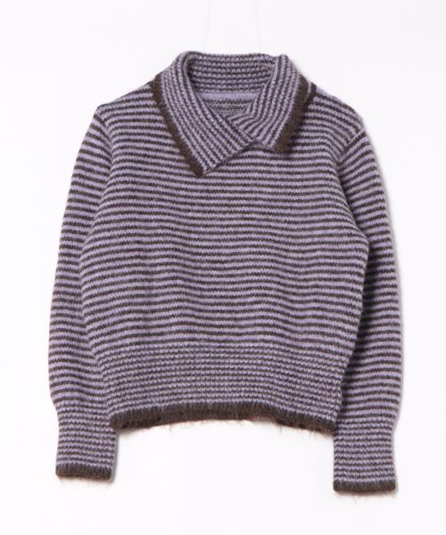 STYLEBLOCK(スタイルブロック)の「襟付きボーダー柄ボリューム袖ニットトップス(ニット/セーター・レディース・パープル/グリーン/イエロー・FREE)」の5枚目の写真