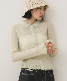 フリルシアーカーディガン / 長袖 トップス カーディガン トップス フリル ペプラム ポロシャツ 春服 秋服 冬服 韓国 ノームコア カジュアル シンプル 無地 ライム イエロー ブラック グレー シアーカーデ