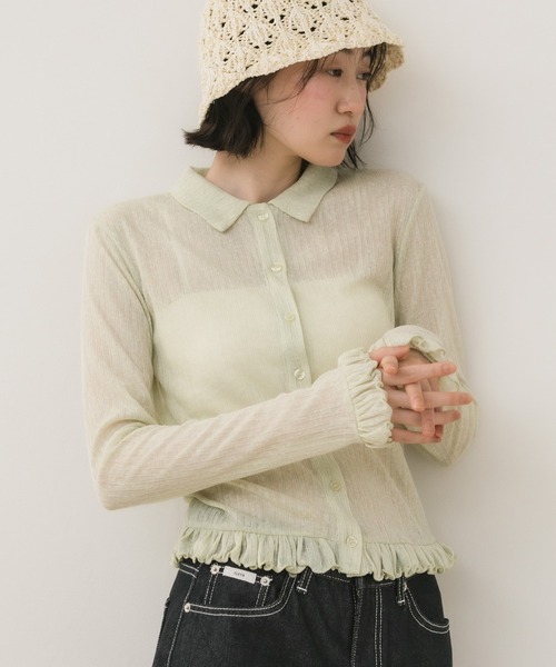 HEILIS（ヘイリス）の「フリルシアーカーディガン / 長袖 トップス カーディガン トップス フリル ペプラム ポロシャツ 春服 秋服 冬服 韓国 ノームコア カジュアル シンプル 無地 ライム イエロー ブラック グレー シアーカーデ（カーディガン/ボレロ・レディース・グレー/イエロー/ブラック・FREE）」の3枚目の写真