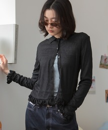フリルシアーカーディガン / 長袖 トップス カーディガン トップス フリル ペプラム ポロシャツ 春服 秋服 冬服 韓国 ノームコア カジュアル シンプル 無地 ライム イエロー ブラック グレー シアーカーデ