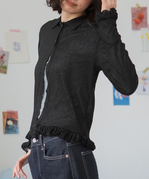 HEILIS（ヘイリス）の「フリルシアーカーディガン / 長袖 トップス カーディガン トップス フリル ペプラム ポロシャツ 春服 秋服 冬服 韓国 ノームコア カジュアル シンプル 無地 ライム イエロー ブラック グレー シアーカーデ（カーディガン/ボレロ・レディース・グレー/イエロー/ブラック・FREE）」の16枚目の写真