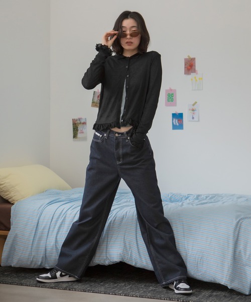 HEILIS（ヘイリス）の「フリルシアーカーディガン / 長袖 トップス カーディガン トップス フリル ペプラム ポロシャツ 春服 秋服 冬服 韓国 ノームコア カジュアル シンプル 無地 ライム イエロー ブラック グレー シアーカーデ（カーディガン/ボレロ・レディース・グレー/イエロー/ブラック・FREE）」の17枚目の写真