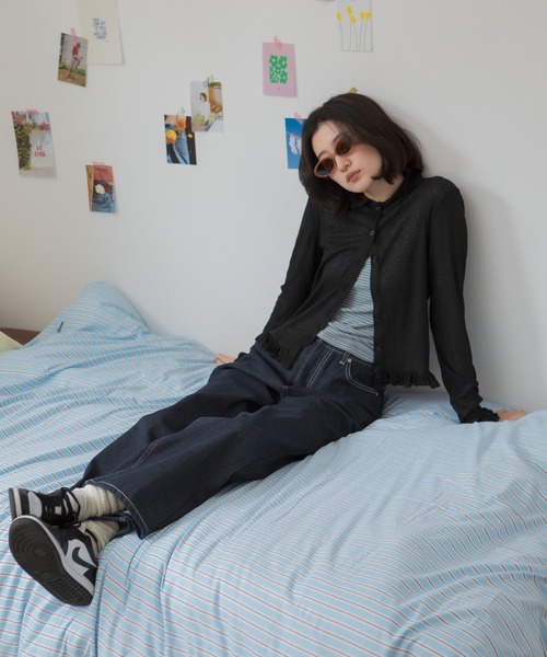 HEILIS（ヘイリス）の「フリルシアーカーディガン / 長袖 トップス カーディガン トップス フリル ペプラム ポロシャツ 春服 秋服 冬服 韓国 ノームコア カジュアル シンプル 無地 ライム イエロー ブラック グレー シアーカーデ（カーディガン/ボレロ・レディース・グレー/イエロー/ブラック・FREE）」の18枚目の写真