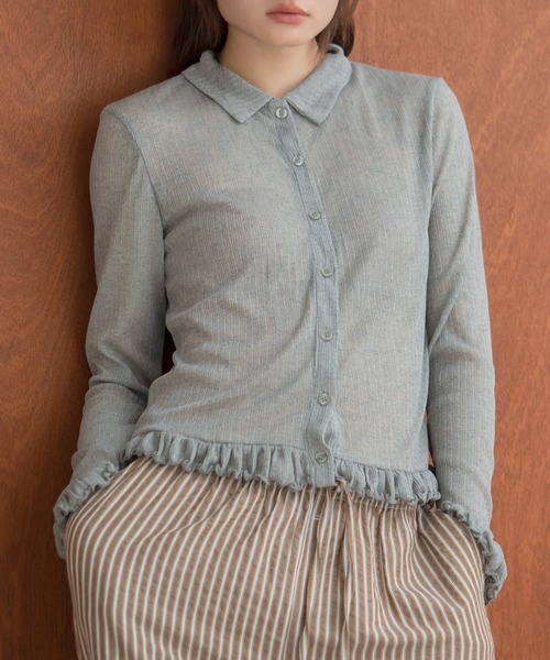 HEILIS（ヘイリス）の「フリルシアーカーディガン / 長袖 トップス カーディガン トップス フリル ペプラム ポロシャツ 春服 秋服 冬服 韓国 ノームコア カジュアル シンプル 無地 ライム イエロー ブラック グレー シアーカーデ（カーディガン/ボレロ・レディース・グレー/イエロー/ブラック・FREE）」の19枚目の写真