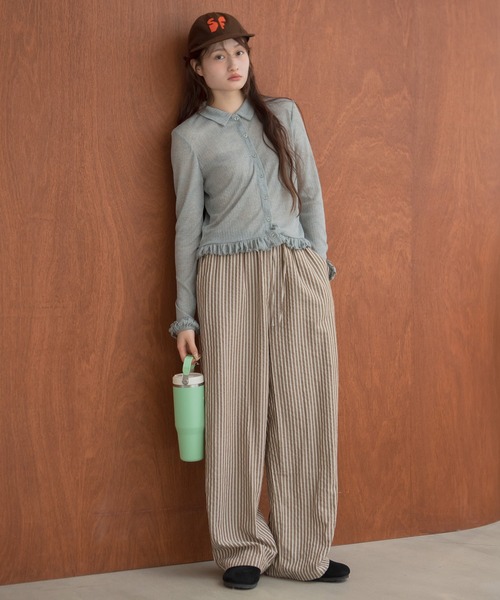 HEILIS（ヘイリス）の「フリルシアーカーディガン / 長袖 トップス カーディガン トップス フリル ペプラム ポロシャツ 春服 秋服 冬服 韓国 ノームコア カジュアル シンプル 無地 ライム イエロー ブラック グレー シアーカーデ（カーディガン/ボレロ・レディース・グレー/イエロー/ブラック・FREE）」の6枚目の写真