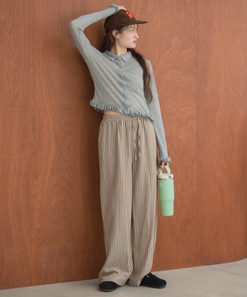 HEILIS（ヘイリス）の「フリルシアーカーディガン / 長袖 トップス カーディガン トップス フリル ペプラム ポロシャツ 春服 秋服 冬服 韓国 ノームコア カジュアル シンプル 無地 ライム イエロー ブラック グレー シアーカーデ（カーディガン/ボレロ・レディース・グレー/イエロー/ブラック・FREE）」の7枚目の写真
