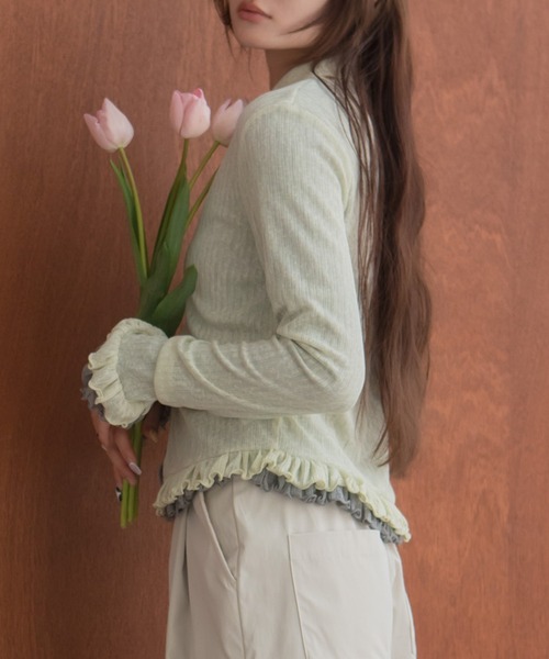 HEILIS（ヘイリス）の「フリルシアーカーディガン / 長袖 トップス カーディガン トップス フリル ペプラム ポロシャツ 春服 秋服 冬服 韓国 ノームコア カジュアル シンプル 無地 ライム イエロー ブラック グレー シアーカーデ（カーディガン/ボレロ・レディース・グレー/イエロー/ブラック・FREE）」の11枚目の写真