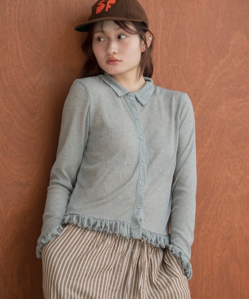HEILIS（ヘイリス）の「フリルシアーカーディガン / 長袖 トップス カーディガン トップス フリル ペプラム ポロシャツ 春服 秋服 冬服 韓国 ノームコア カジュアル シンプル 無地 ライム イエロー ブラック グレー シアーカーデ（カーディガン/ボレロ・レディース・グレー/イエロー/ブラック・FREE）」の20枚目の写真
