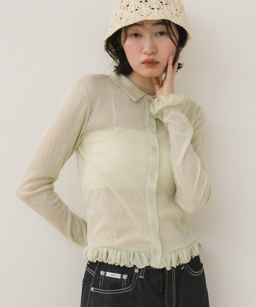 HEILIS（ヘイリス）の「フリルシアーカーディガン / 長袖 トップス カーディガン トップス フリル ペプラム ポロシャツ 春服 秋服 冬服 韓国 ノームコア カジュアル シンプル 無地 ライム イエロー ブラック グレー シアーカーデ（カーディガン/ボレロ・レディース・グレー/イエロー/ブラック・FREE）」の21枚目の写真