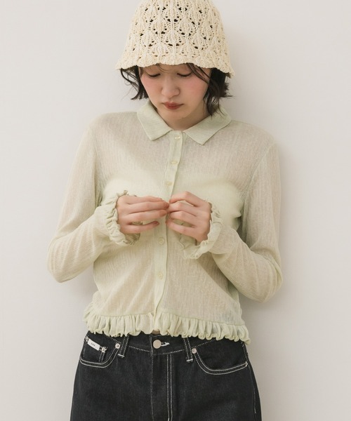 HEILIS（ヘイリス）の「フリルシアーカーディガン / 長袖 トップス カーディガン トップス フリル ペプラム ポロシャツ 春服 秋服 冬服 韓国 ノームコア カジュアル シンプル 無地 ライム イエロー ブラック グレー シアーカーデ（カーディガン/ボレロ・レディース・グレー/イエロー/ブラック・FREE）」の22枚目の写真