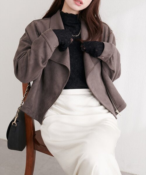 natural couture(ナチュラルクチュール)の「スエードライダースジャケット(ライダースジャケット・レディース・アイボリー/グレイッシュベージュ/チャコールグレー/ミント・FREE)」の17枚目の写真