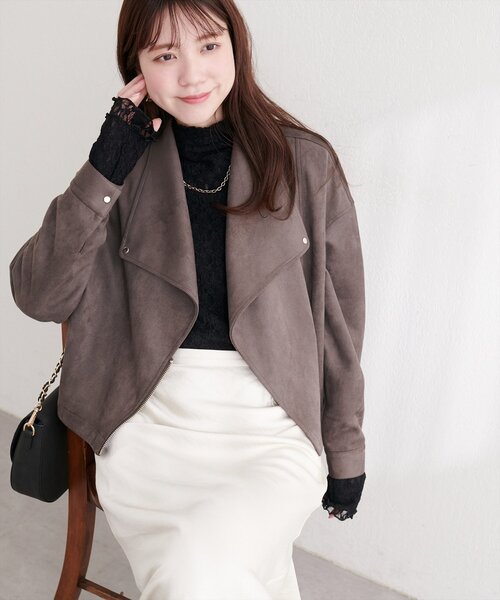 natural couture(ナチュラルクチュール)の「スエードライダースジャケット(ライダースジャケット・レディース・アイボリー/グレイッシュベージュ/チャコールグレー/ミント・FREE)」の16枚目の写真