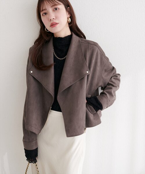 natural couture(ナチュラルクチュール)の「スエードライダースジャケット(ライダースジャケット・レディース・アイボリー/グレイッシュベージュ/チャコールグレー/ミント・FREE)」の14枚目の写真