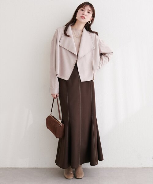 natural couture(ナチュラルクチュール)の「スエードライダースジャケット(ライダースジャケット・レディース・アイボリー/グレイッシュベージュ/チャコールグレー/ミント・FREE)」の5枚目の写真