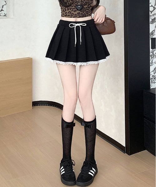 kirakiraShop(キラキラショップ)の「レース裾 プリーツ ミニスカート(スカート・レディース・杢グレー/ホワイト/ブラック・L/M/S)」の10枚目の写真
