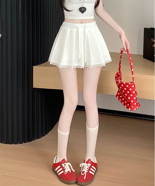 kirakiraShop(キラキラショップ)の「レース裾 プリーツ ミニスカート(スカート・レディース・杢グレー/ホワイト/ブラック・L/M/S)」の4枚目の写真