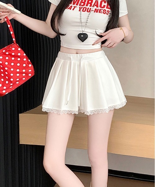 kirakiraShop(キラキラショップ)の「レース裾 プリーツ ミニスカート(スカート・レディース・杢グレー/ホワイト/ブラック・L/M/S)」の6枚目の写真