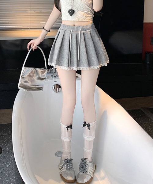kirakiraShop(キラキラショップ)の「レース裾 プリーツ ミニスカート(スカート・レディース・杢グレー/ホワイト/ブラック・L/M/S)」の17枚目の写真