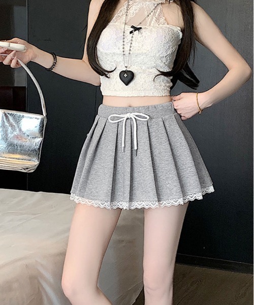kirakiraShop(キラキラショップ)の「レース裾 プリーツ ミニスカート(スカート・レディース・杢グレー/ホワイト/ブラック・L/M/S)」の19枚目の写真