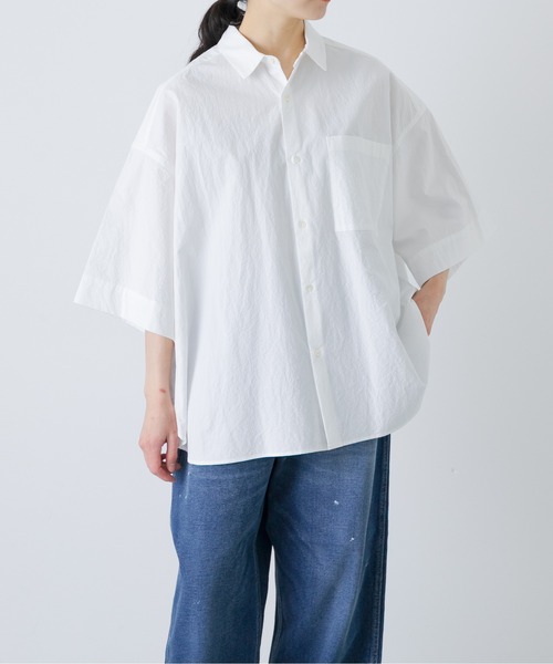 かぐれ(カグレ)の「ワイドハーフスリーブシャツ(Tシャツ/カットソー・レディース・ネイビー/オフホワイト・FREE)」の1枚目の写真