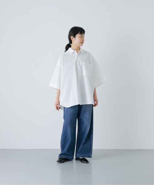 かぐれ(カグレ)の「ワイドハーフスリーブシャツ(Tシャツ/カットソー・レディース・ネイビー/オフホワイト・FREE)」の5枚目の写真