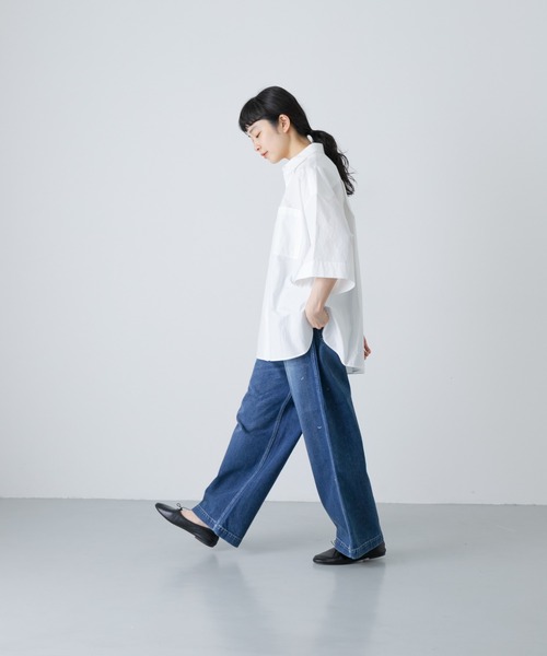 かぐれ(カグレ)の「ワイドハーフスリーブシャツ(Tシャツ/カットソー・レディース・ネイビー/オフホワイト・FREE)」の6枚目の写真