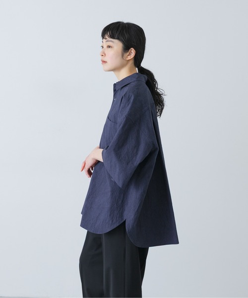 かぐれ(カグレ)の「ワイドハーフスリーブシャツ(Tシャツ/カットソー・レディース・ネイビー/オフホワイト・FREE)」の10枚目の写真