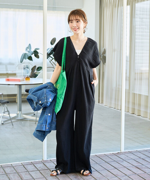 FREAK'S STORE（フリークスストア）の「限定展開　インド ダブルガーゼ シャーリング オールインワン（つなぎ/オールインワン・レディース・ブラック/ブラウン/オリーブ/ナチュラル/ブルー・SMALL/MEDIUM）」の6枚目の写真